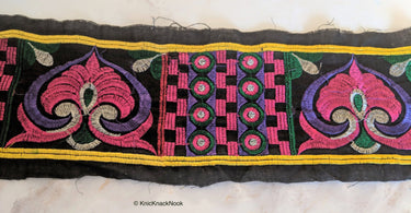 Black Fabric Lace With Embroidery In Pink, Purple, Green